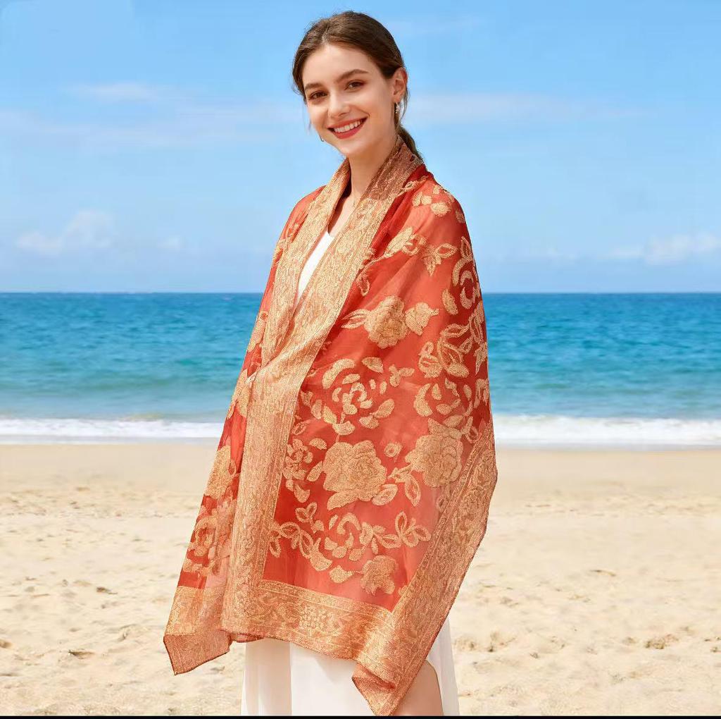 High-End Ethnischer Cut-Out Retro Floral Organza Jacquard Schal