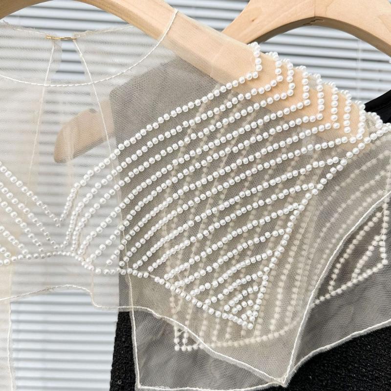 Japanese Women Girl Fake Collar Shawl Scarf Faux Pearls Beading Vintage Shoulder Wrap Sheer Organza Half Shirt Poncho