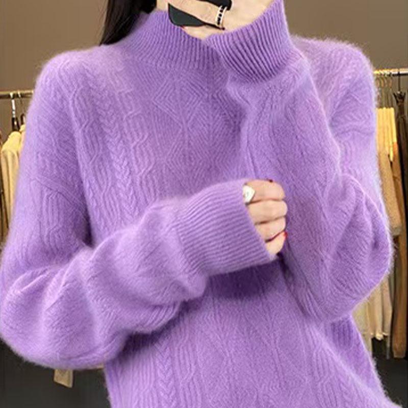 Women's Half-High Collar Cable Knit Wool Sweater - Long Sleeve, Loose Fit, Versatile, Thickened for Autumn and Winter.