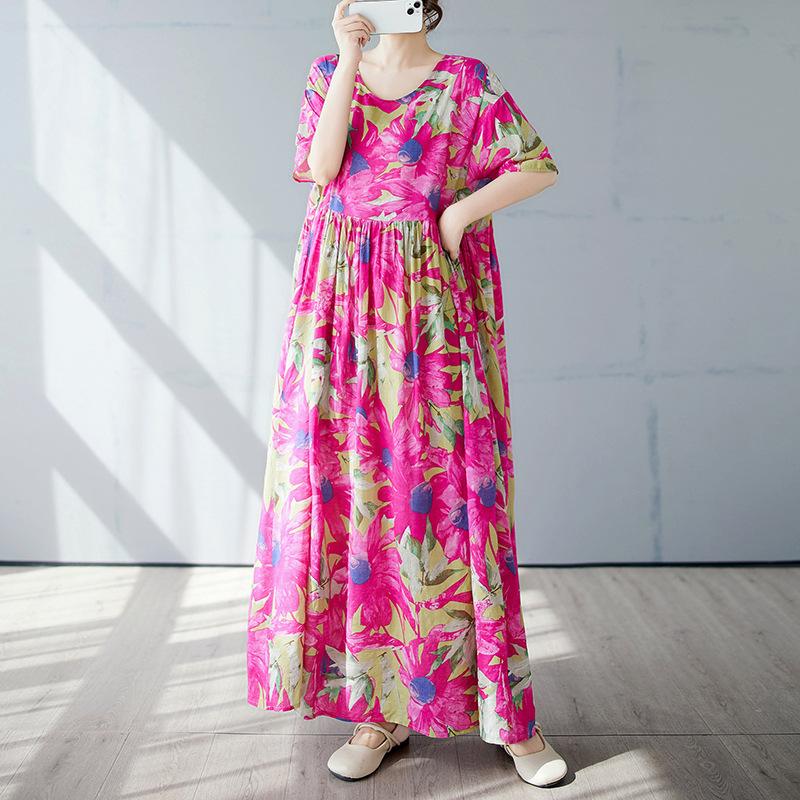 Simple Bohemian Long Dress Summer New Fat Plus Short Sleeve Crew Neck Printing with Women's Clothing