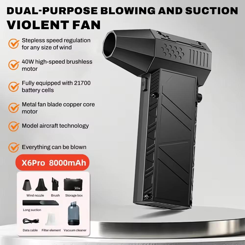 X6 Pro Violent Fan 400000RPM Powerful Air Blower Vacuum Dust Cleaner Type-C Charging Winds 53m/s Brushless Turbo Jet Blower Fan