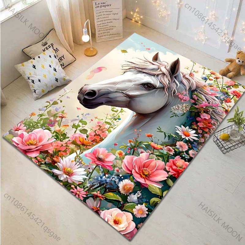 1PC Horse with blooming floral garland Carpet for Living Room Bedroom Sofa Home Decor Rus Non-slip Floor Mat Luxury Gift