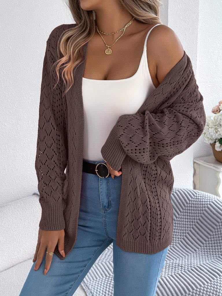 Women's V Neck Long Balloon Sleeve Open Front Cardigan Regular Fit Streetwear Hollow Knit Sweater Casual Autumn Outerwear
