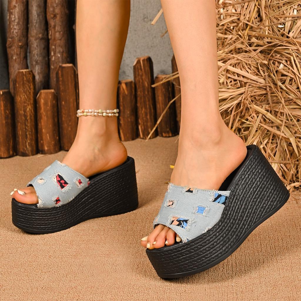 Plus Size 36-43 Casual Denim Strappy Sandals for Women 2025 Spring New Arrival Wedge Sandals