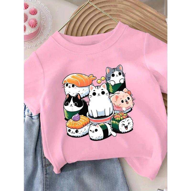 Cute Cat Sushi Cartoon Print Children's T-shirt with Soft Round Neck and Fun Food Design
