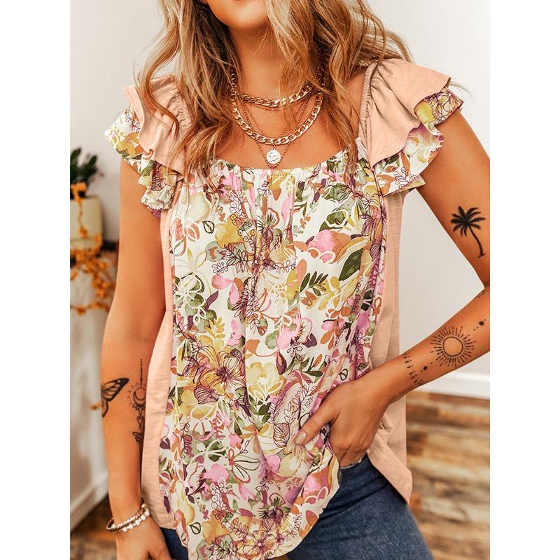 YYFS Women's Fashion Casual Flower Pattern Print Summer Spring Short Sleeve Square Collar Blouses & Shirts