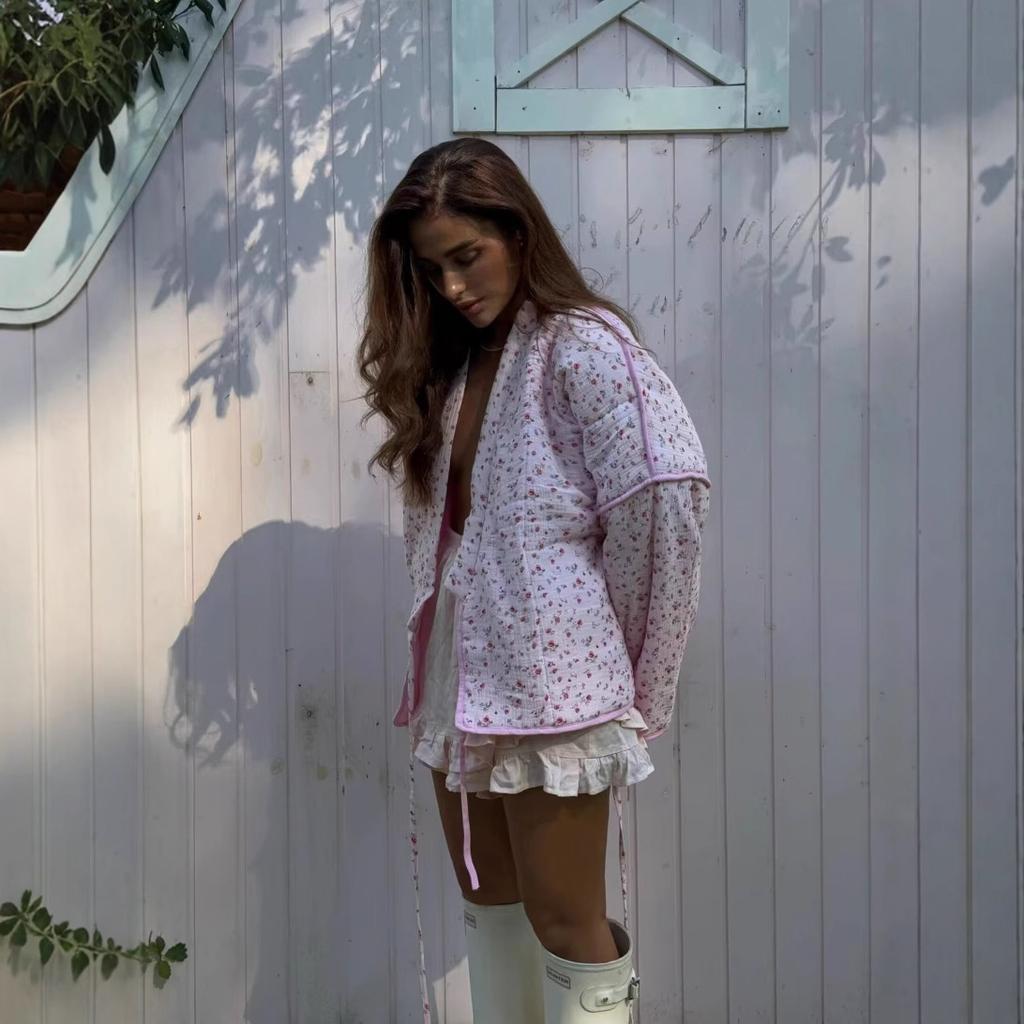 2026 Fashion Pink Sweet Women's Clothing Floral Strap Cotton Coat V-neck Cotton Jacket