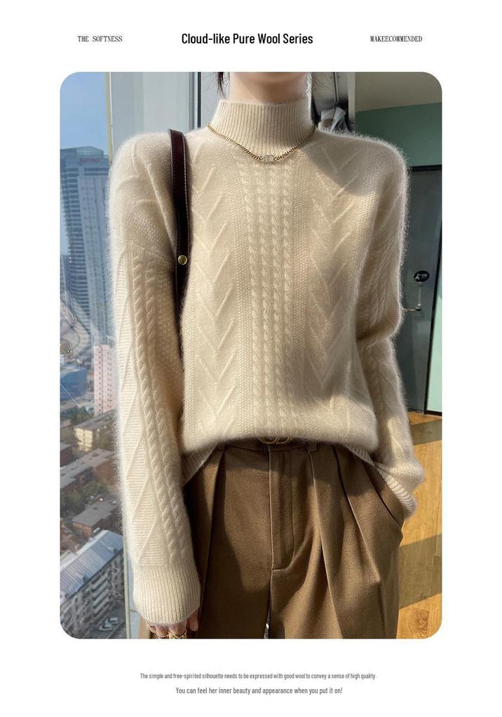 Women's 2024 Autumn/Winter High Neck 100% Pure Wool Cable Knit Sweater