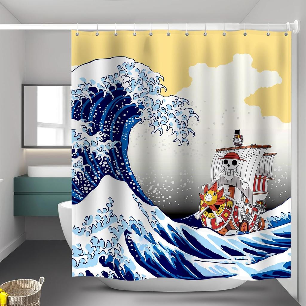 Cortina de Ducha de Anime - Thousand Sunny, Arte Ukiyo-e de Oda, Poliéster Impermeable, 12 Ganchos, Decoración de Baño