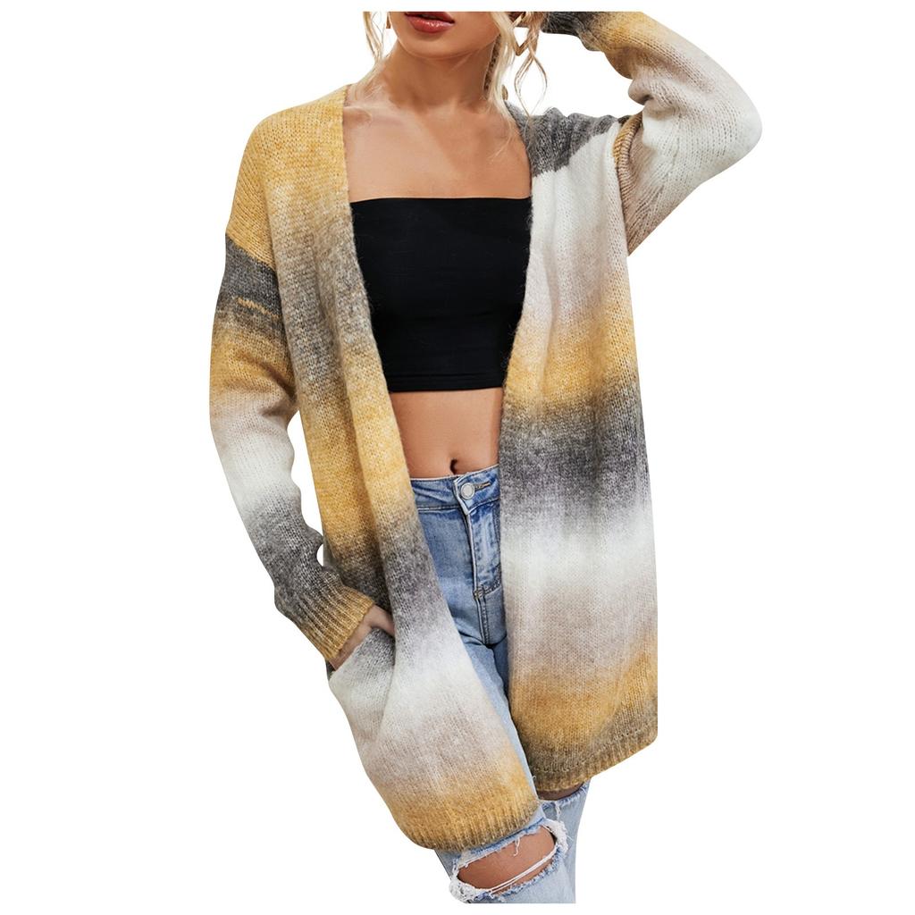 Women's  Tie Dyeing Medium Long Cardigan Pocket Knitted Sweater Coat