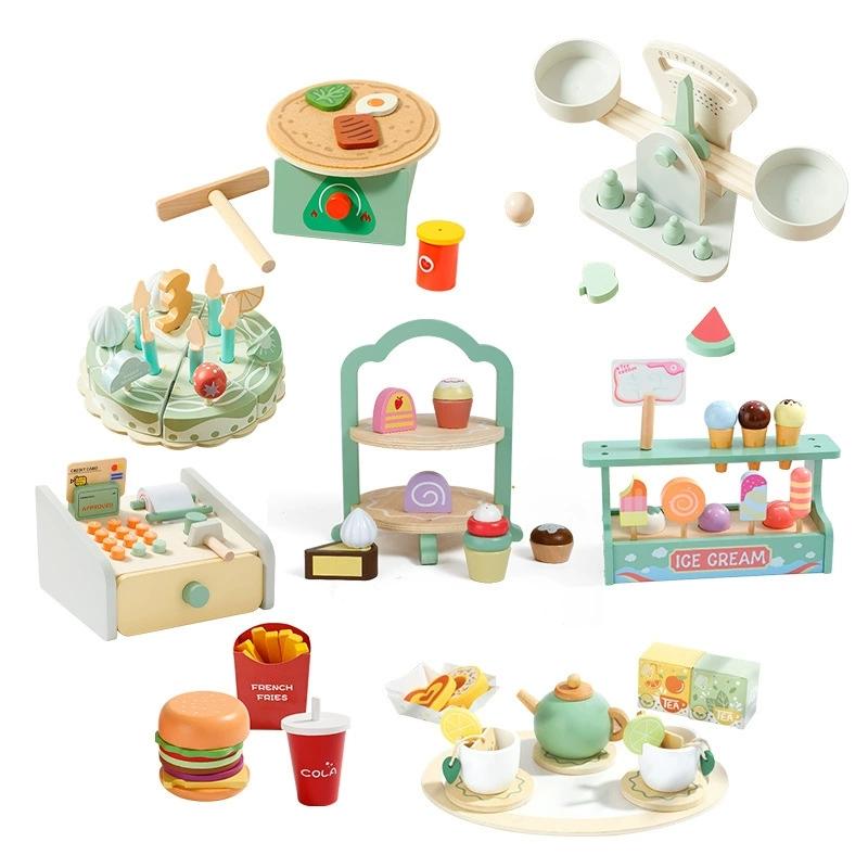 New Wooden Simulation Kitchen Toys Pretend Play Dessert Cake Tea Set Toddler Afternoon Tea Toys Kids Cognitive Social Toys Gifts