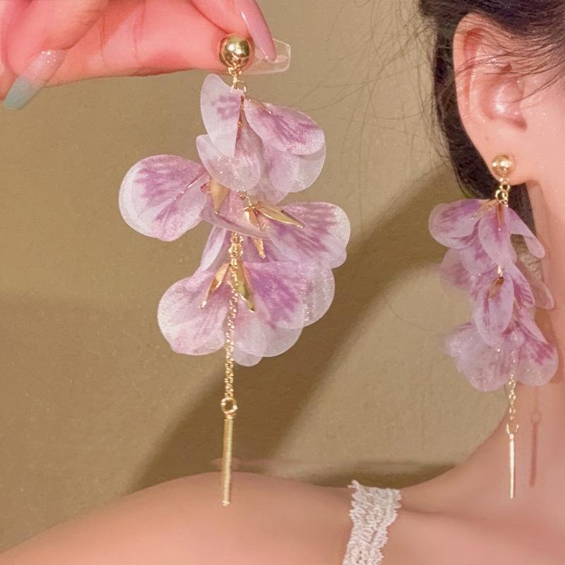 Mesh flower fringed earrings super fairy small fresh versatile stud earrings niche fashion sweet earrings women