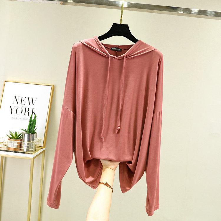 

Женская повседневная футболка с капюшоном из модала оверсайз с длинным рукавом - Приталенная, тонкая, весенний солнцезащитный топ Extra Large