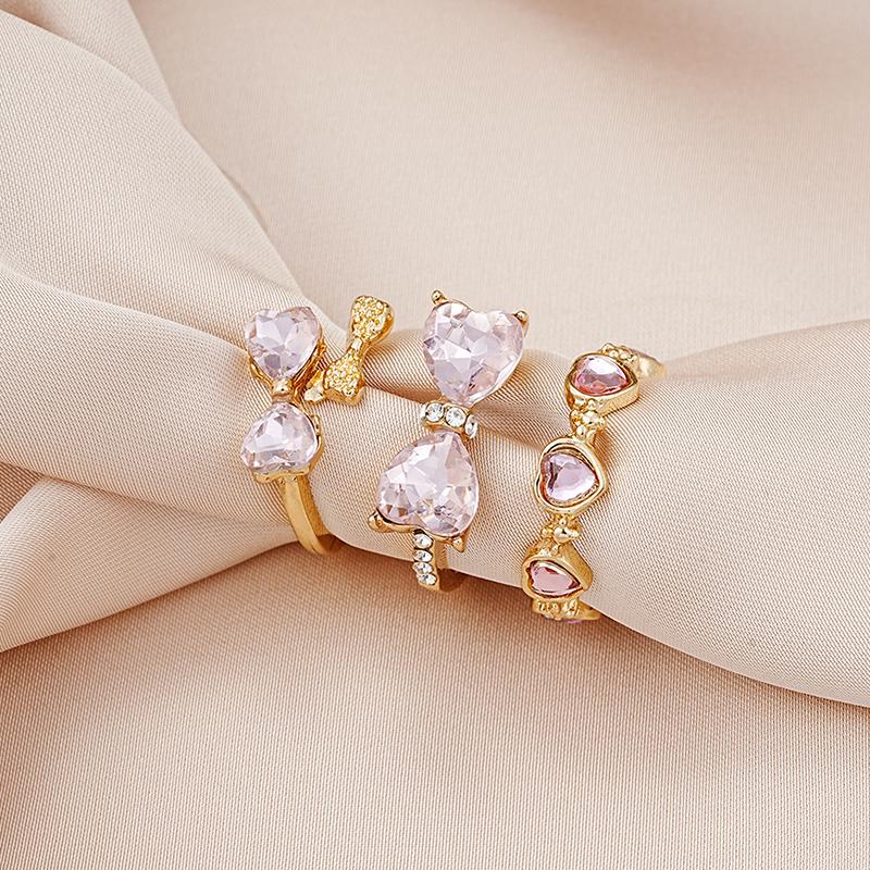 Vintage Y2K Pink Heart Zircon Bowknot Ring For Women Boho Kpop Sweet Girls Open Finger Rings Party Gift Jewelry