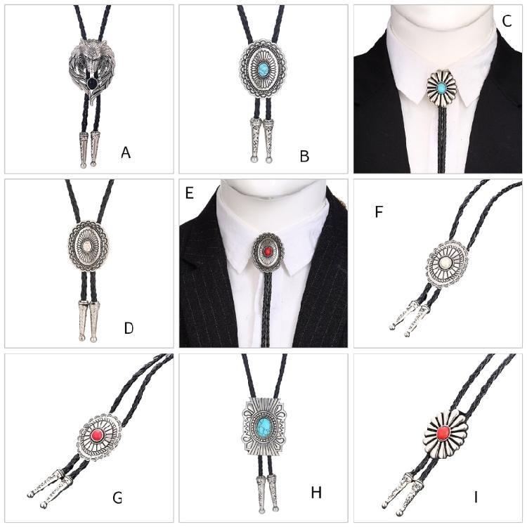 Mens American Bolo Tie Vintage Western Metal Wolf Head Stone Cowboy Necklace