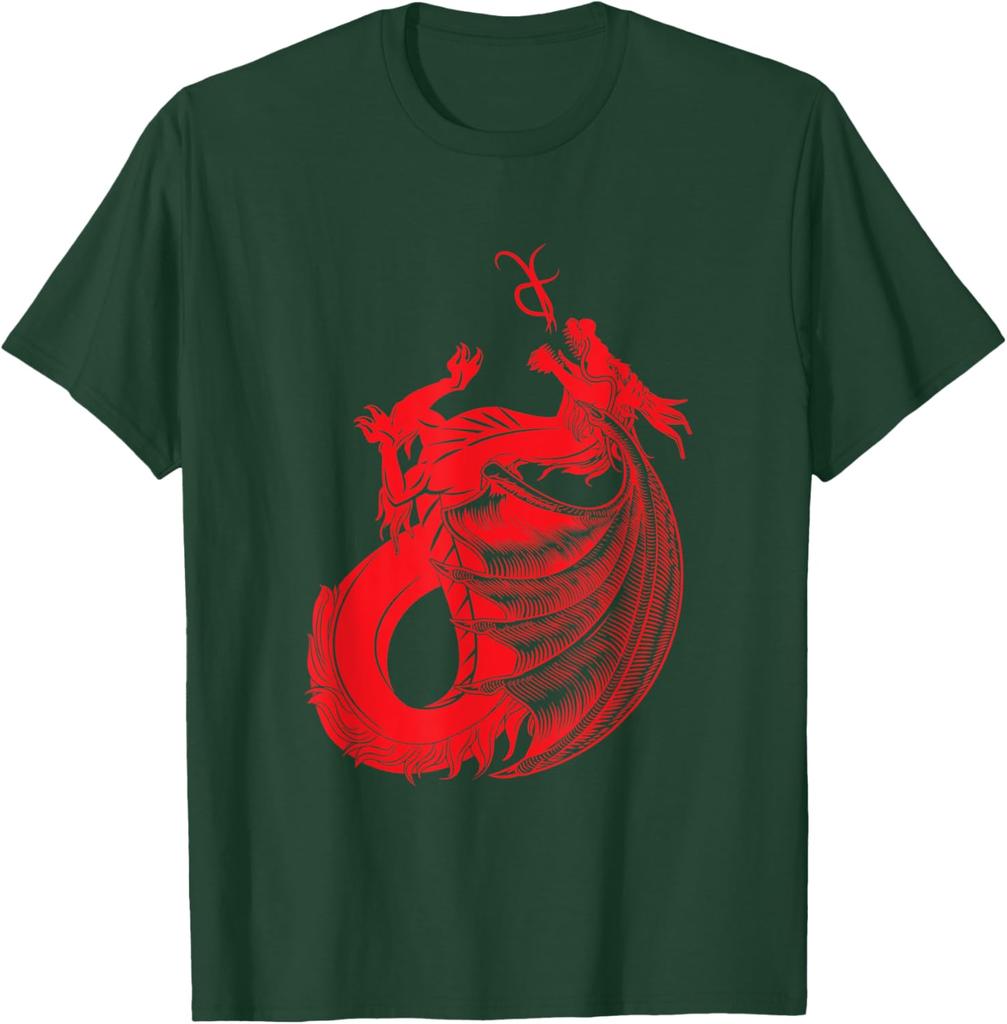 Red Mythical Dragon Graphic Print Cotton Crew Neck TShirt Casual Short Sleeve Tee for Men