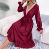 Women's V-Neck Lace Waisted Ruffle Long Dresses