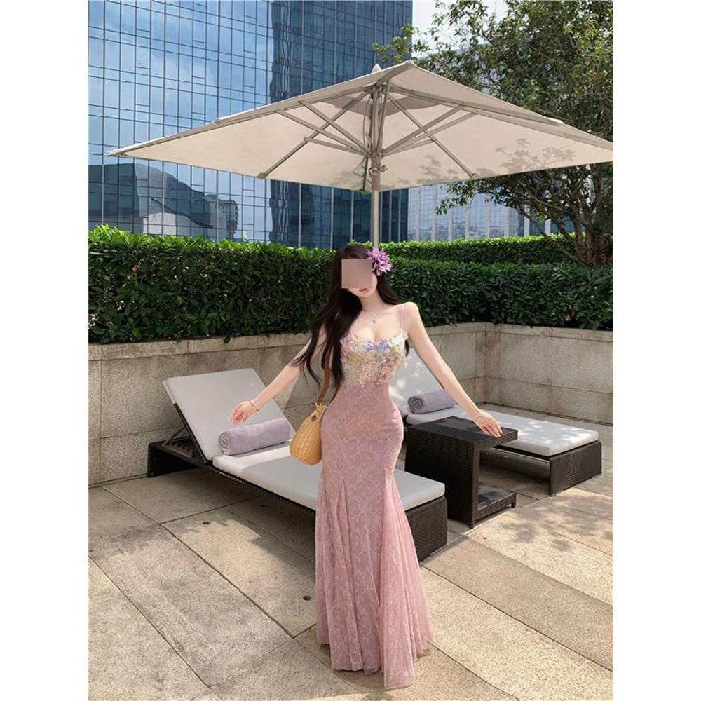 

Платье сетчатое с цветочной вышивкой в праздничном стиле Qiaoke Girl, женское летнее повседневное шикарное платье-комбинация с оборкой «рыбий хвост», длинное платье XL- (recommended 110-60kg) фиолетовый