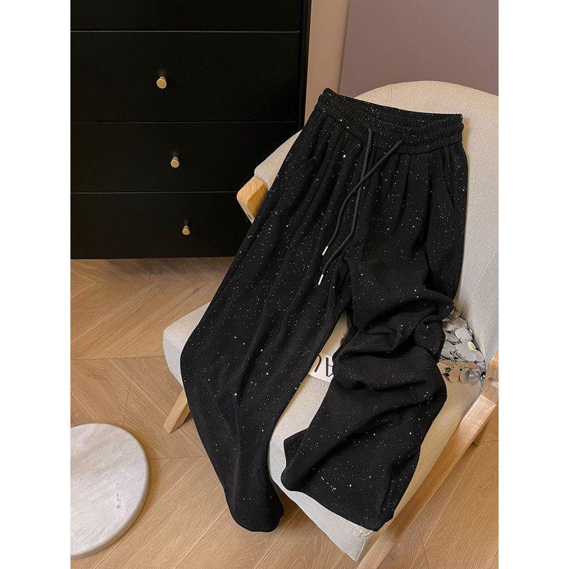 Women s Spring/Summer Black Sequin Textured High-Waisted Wide-Leg Slimming Pants 4XL [recommended for 181-200 catties]