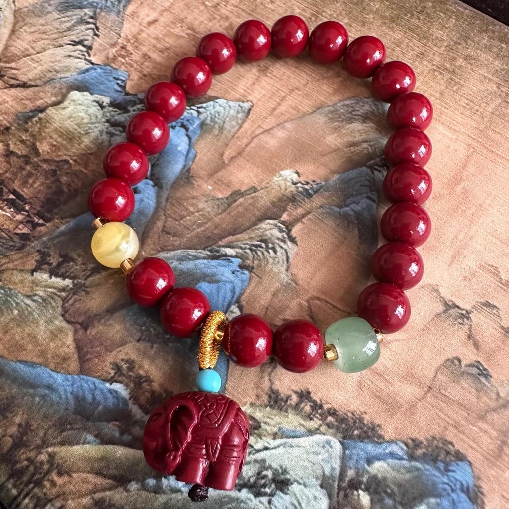 Chinese Style Cinnabar Elephant Bead Bracelet - Cultural Prayer Hand Ornament for Women