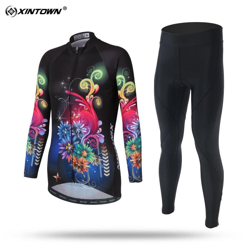 Womens Cycling Jersey Set Long Sleeve Breathable Bike Riding Outfit Sportswear