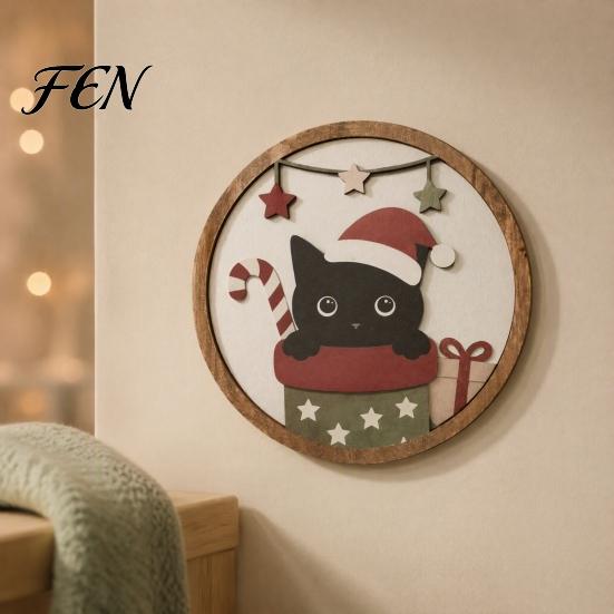 Holiday Gift Ideas Christmas Black Cat Wall Decor, Layered Wooden Hanging Sign, Round 2D Modern Home Art Flat Decoration for Living Room Bedroom
