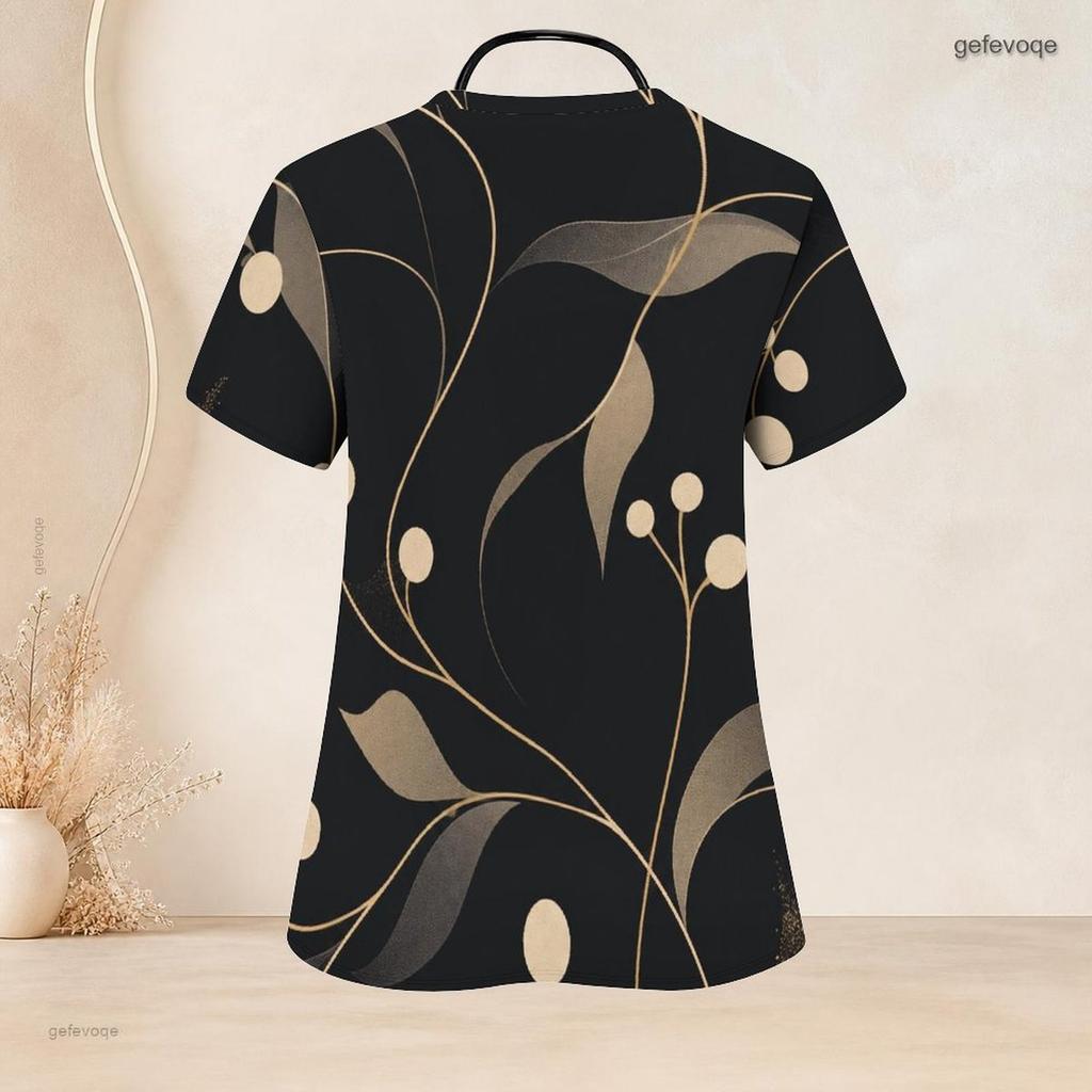 Women Plus Size Nurse Scrub Top V Neck Short Sleeve Geometric Star Print With Front Pockets