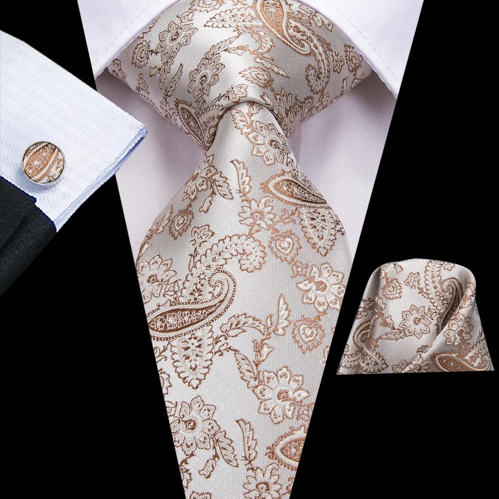 Hi-Tie Floreale Champagne Avorio Cravatta Elegante da Uomo Fazzoletto Gemelli per Smoking Moda Classica Seta Lusso Cravatta per Uomo
