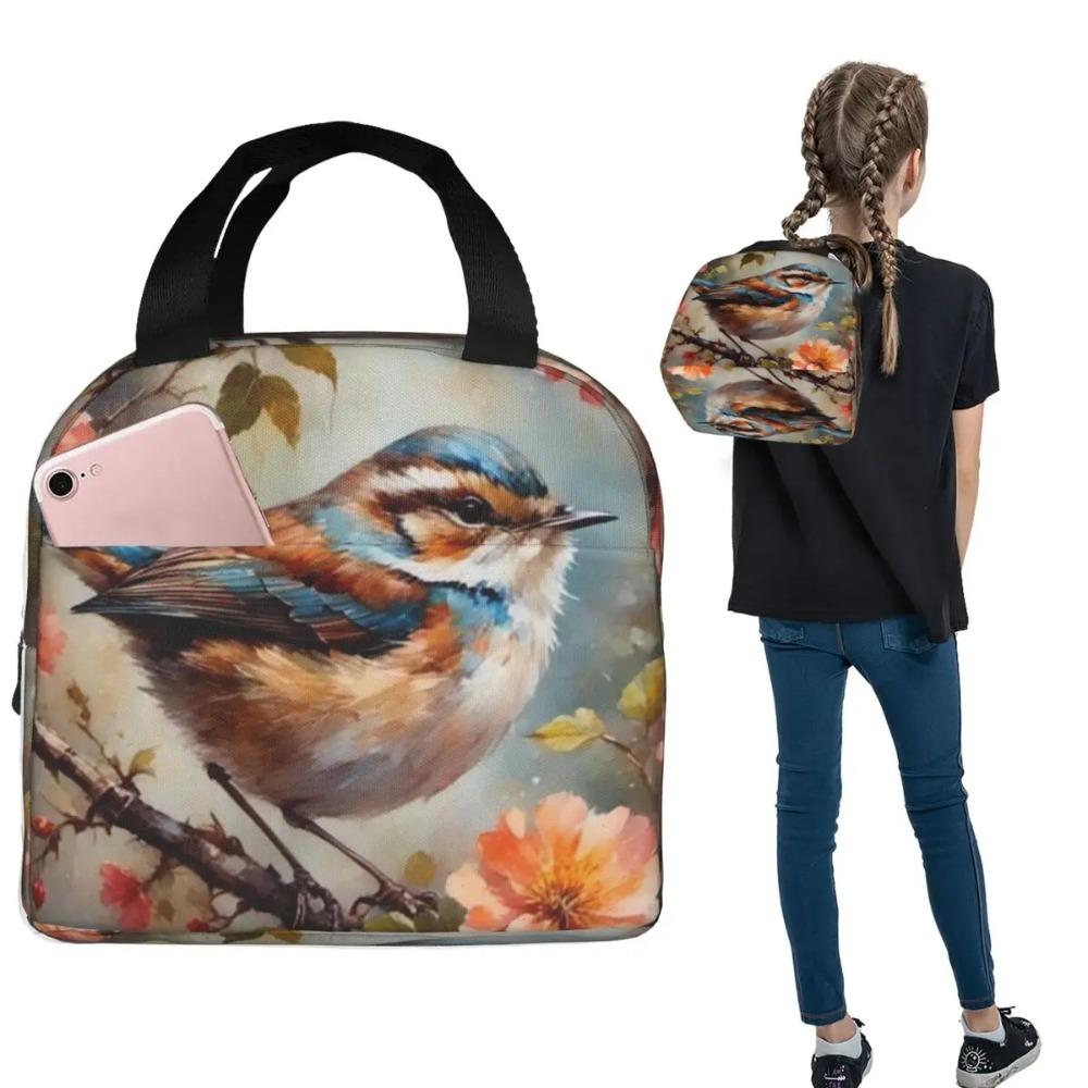 Fågel Rosa Blomma Vintage Mönster Isolerad Lunchväska för Kvinnor Barn Bärbara Matlådor Termisk Lunchlåda Tote