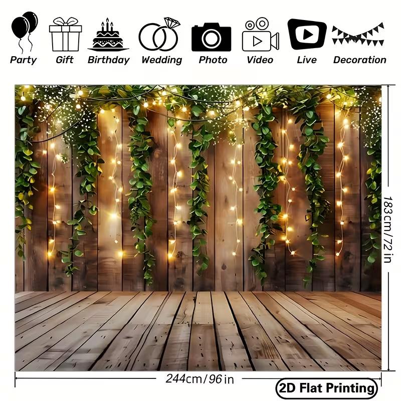 2D Boho Wooden Wall Backdrop with Leaves and String Lights Party Photo Background Banner