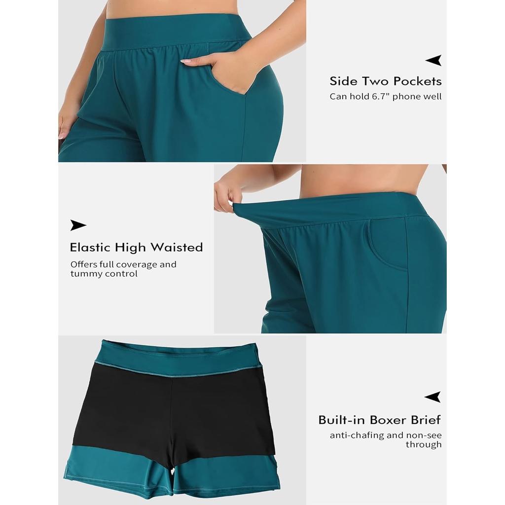 CHARMLEAKS Plus Size Swim Shorts for Women High Waisted Board Shorts Tankini Swimsuit Bottom with Pockets