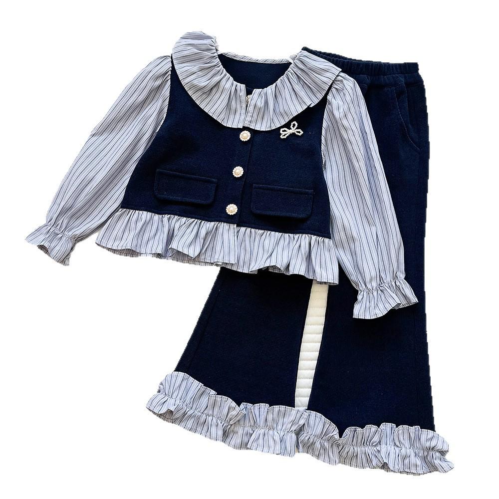 Girls' Autumn 2026 Trendy Patchwork Top and Striped Flare Pants Two-Piece Set