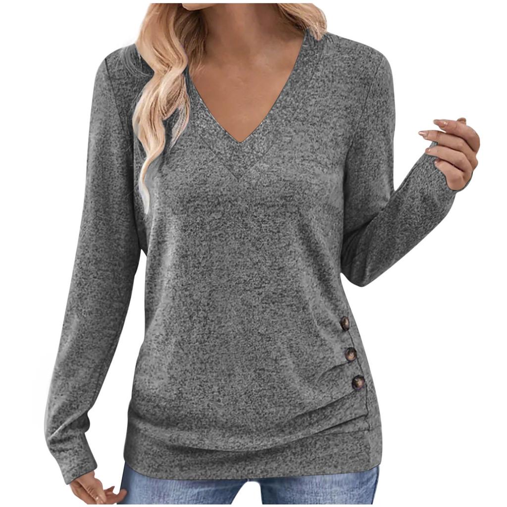 Womens Long Sleeve V Neck Solid Color T Shirt With Buttons Elegant Top