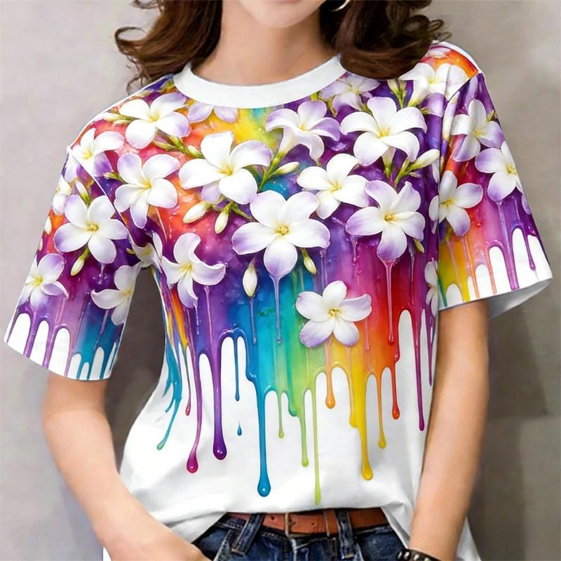 Floral short-sleeved outdoor casual top with 3D digital print for women