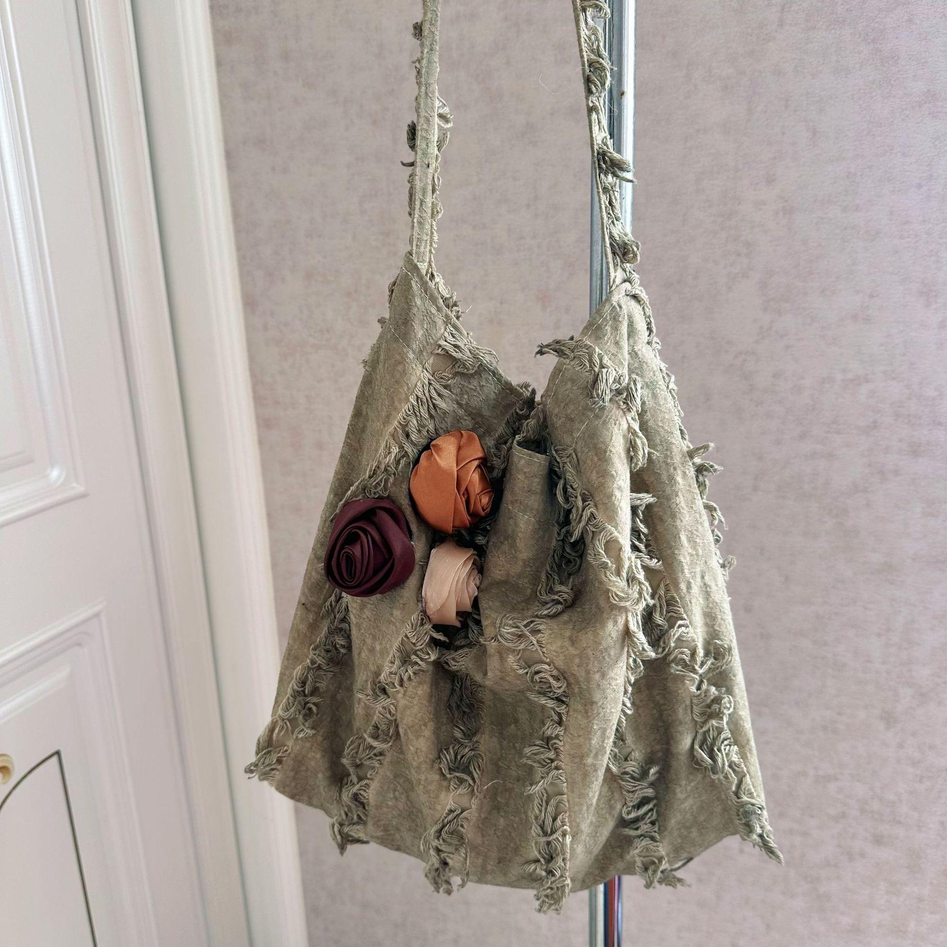 

Spring Summer New Linen Jacquard Crossbody Bag Rose Heavy Duty Design Retro Ruffle Tassel Shoulder Bag Lace Series For Women 43x36cm зелёный