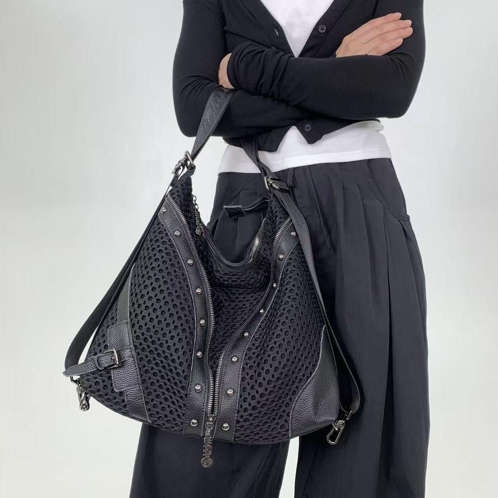Ladies' Fashion Mesh Splicing Y2K Street Shoulder Bag Large Capacity Multi Functional Riveted Shoulder Bag
