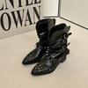 Fashion Pleated Buckle Western Boots Fashion Shoes for Women Pointed Toe Thick Middle Heel Rivet Punk Style V-Mouth Short/Long Botas