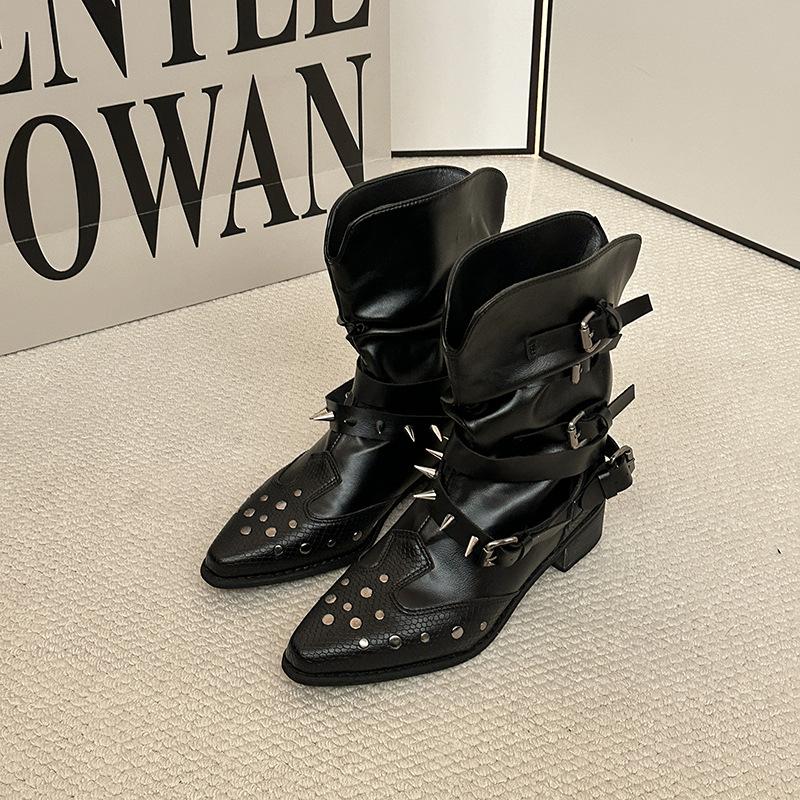 Fashion Pleated Buckle Western Boots Fashion Shoes for Women Pointed Toe Thick Middle Heel Rivet Punk Style V-Mouth Short/Long Botas