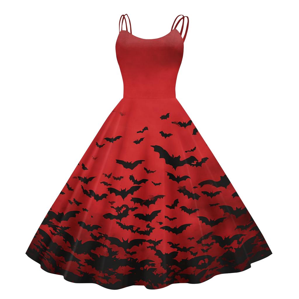Women's Halloween Retro Print Off Shoulder Flared Midi Dress - Sexy Flared Skirt for Parties