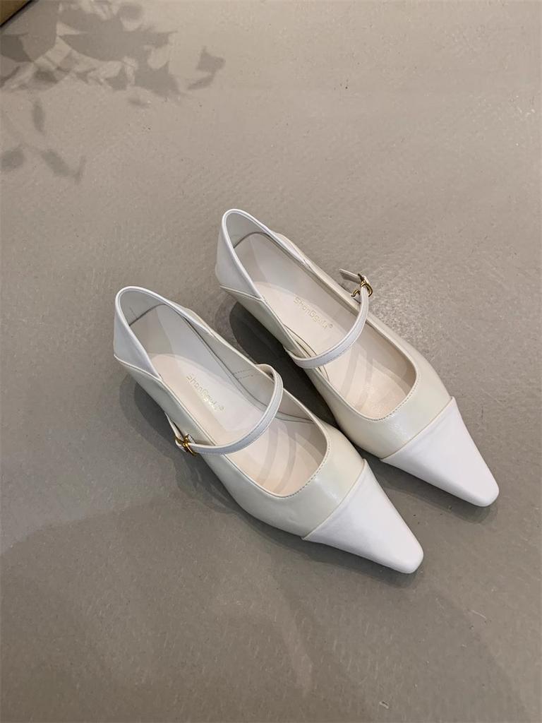 Retro Design Sense Splicing Single Shoes Women's 2025 Spring and Autumn New Versatile Thick Heel Pointed One-word Buckle Temperament Flat Shoes