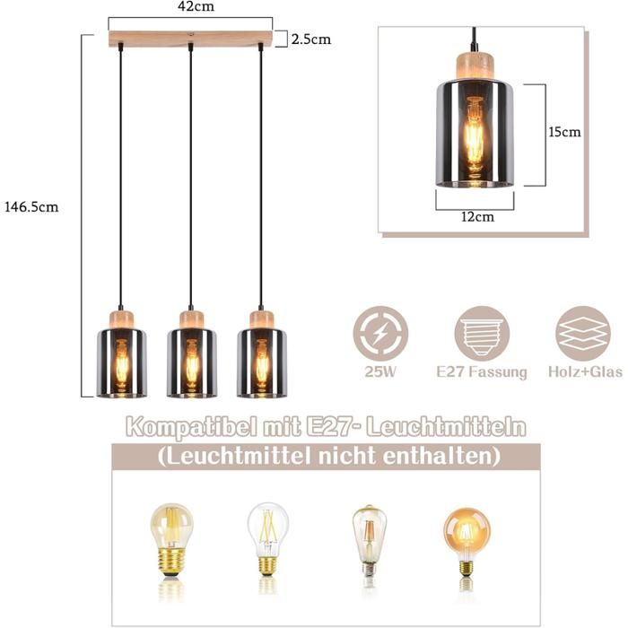 Suspension - NETTLIFE - Modèle table à manger - 3x E27 - Verre fumé - Noir