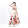 Summer Women Deep V-neck Flying Sleeve Vintage Print Holiday Beach Long Maxi Dresses