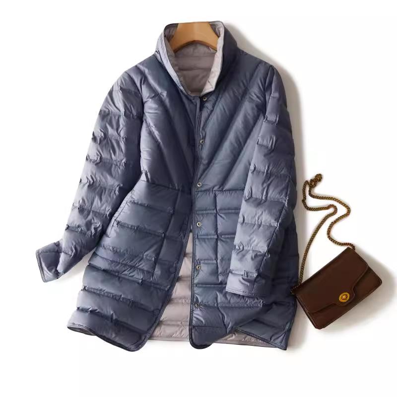 Autumn and winter glue loose and thin medium and long stand-up collar double-sided wear white duck down jacket warm winter clothing
