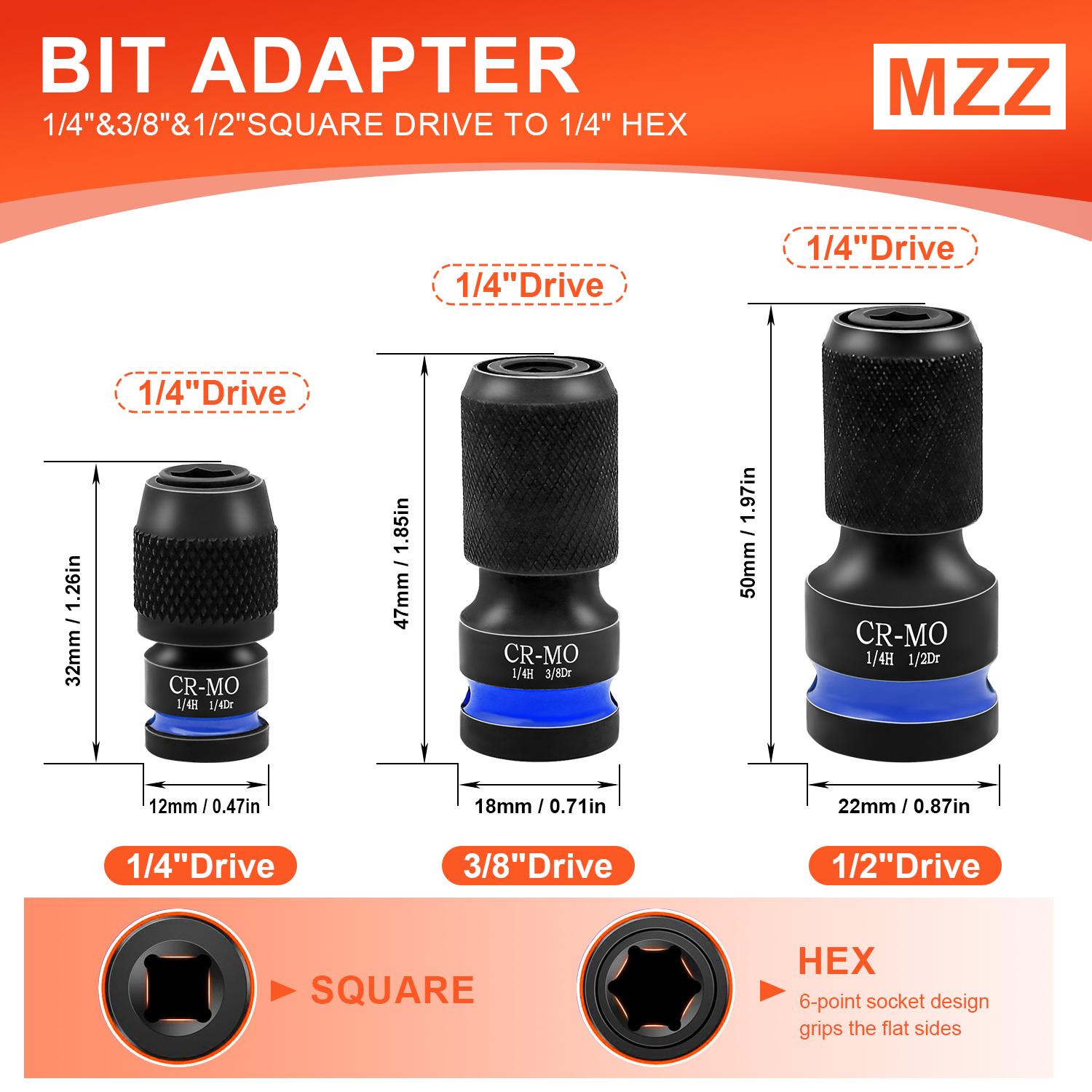 

3pcs Impact Hex Converter for Screwdriver / Drill Bit 1/2 3/8 1/4-Inch Square Drive to 1/4-Inch Quick Release Hex Socket Adapter