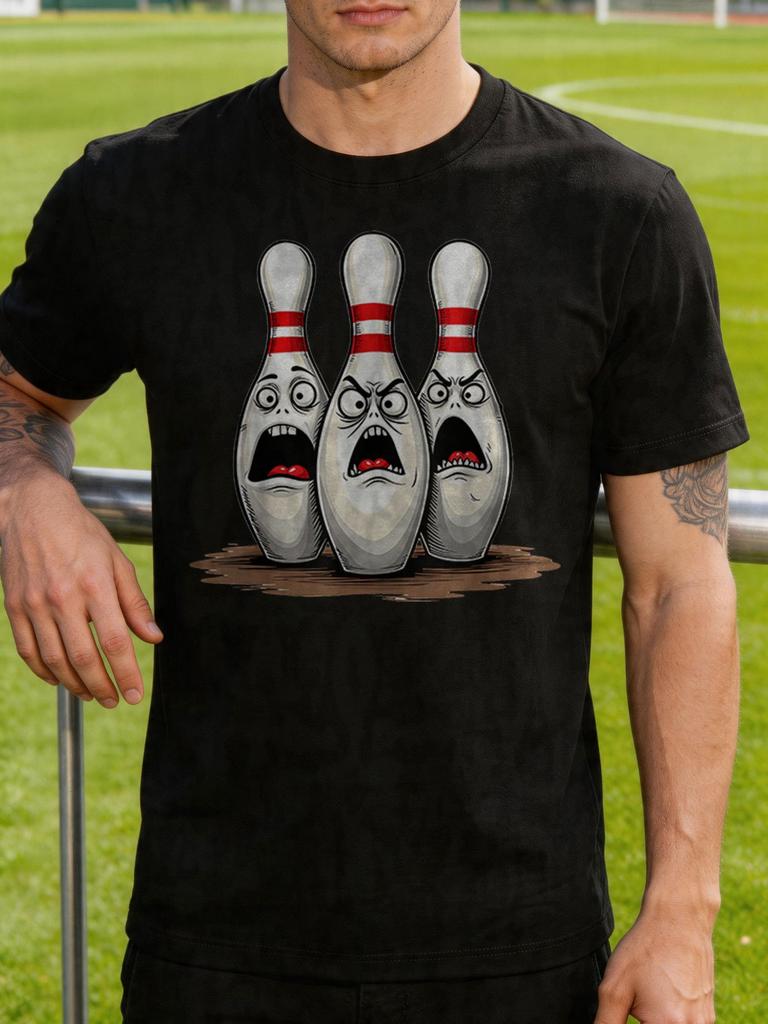 Unisexs Cartoon Scared Bowling Pins T Shirt Funny Sports Graphic Print Short Sleeve Crew Neck Casual Cotton Male Fashion Daily Tee