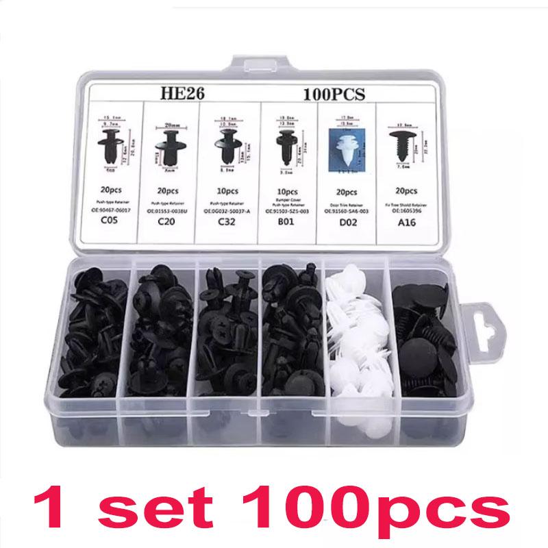 

Auto Fastener Clip Mixed Kit 100pcs Set Car Body Push Retainer Pin Rivet Bumper Door Trim Panel Fastener Fender Rivet Clips Car