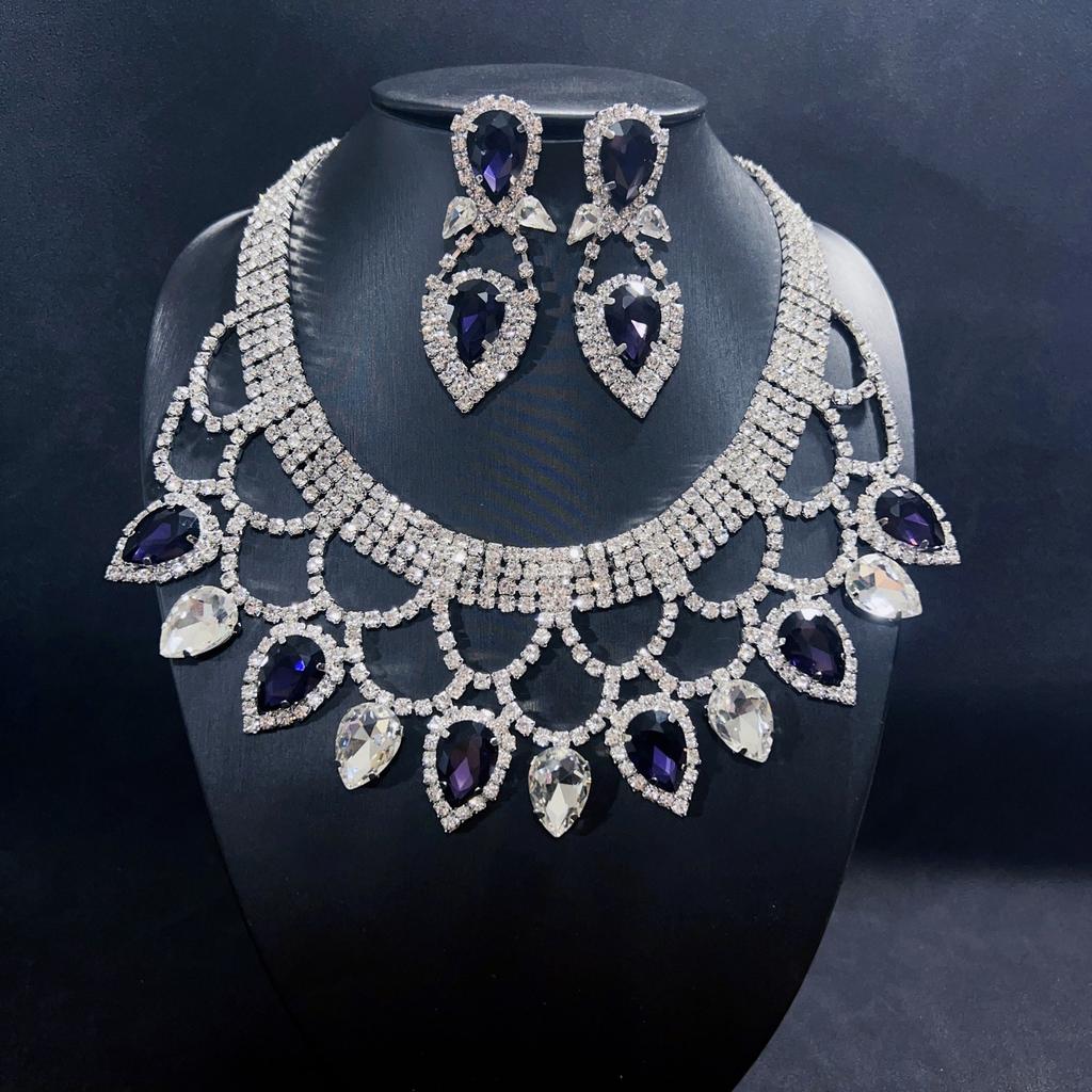 New Fashionable European and American Exaggerated Handmade Rhinestone Colored Crystal Necklace Earring Set Bridal Dress Jewelry