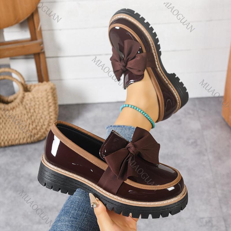 Plus Size 36-43 Shoes for Women FashionThick Bottom Ladies Slip on Bow Leather Loafers Non-slip Work Comfort Flats Sneakers