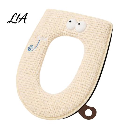 Winter Warm Toilet Seat Cover Zippered with Handle, Soft Jacquard Suede Hygienic Lifter Mat, Cartoon Pattern Washable Bathroom Pad for Most