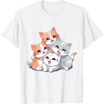 Katze Süße Kätzchen Stapel Katzen Anime Kawaii Neko Damen Mädchen T-Shirt